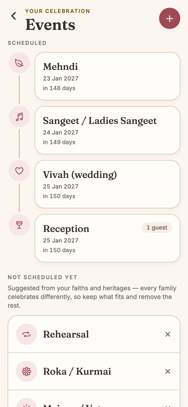 The Events screen for Priya and Tom: Mehndi on 23 Jan 2027, Sangeet / Ladies Sangeet on 24 Jan, Vivah (wedding) on 25 Jan and Reception on 25 Jan with one guest of its own, above a 'Not scheduled yet' list offering Rehearsal and Roka / Kurmai.