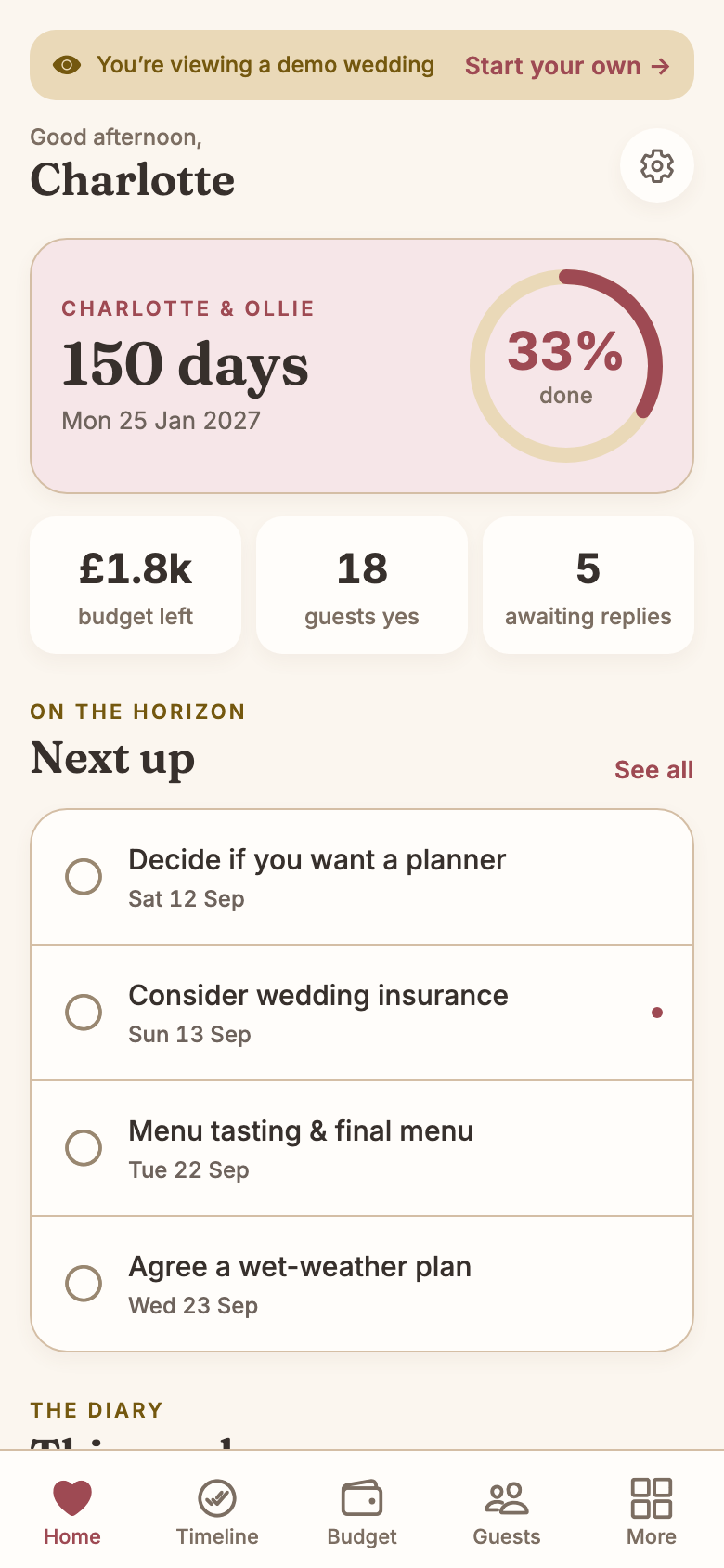 Charlotte and Ollie's home screen: a countdown card reading 150 days, Mon 25 Jan 2027, with a 33% done ring, tiles for £1.8k budget left, 18 guests yes and 5 awaiting replies, and a 'Next up' list beginning 'Decide if you want a planner'.