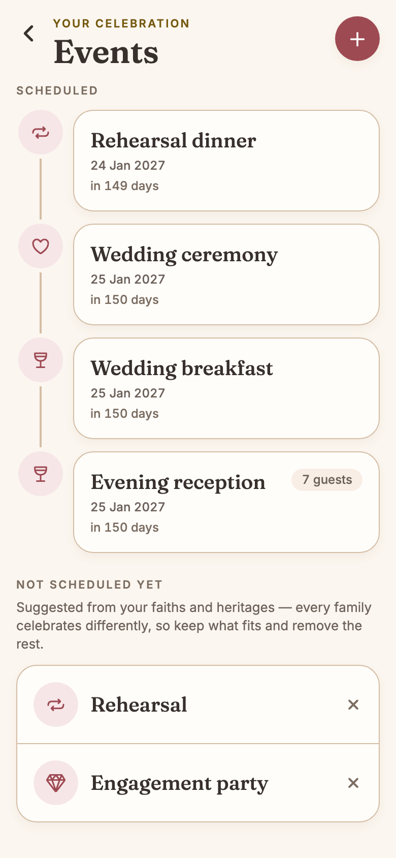 Events for Charlotte and Ollie: Rehearsal dinner on 24 Jan 2027, then Wedding ceremony, Wedding breakfast and an Evening reception on 25 Jan 2027 — the evening reception tagged with 7 guests of its own.