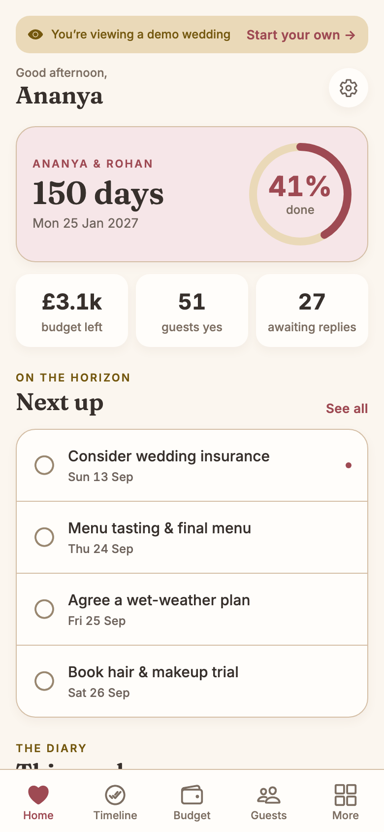 Ananya and Rohan's home screen: a countdown card reading 150 days, Mon 25 Jan 2027, with a 41% done ring, tiles for £3.1k budget left, 51 guests yes and 27 awaiting replies, and a 'Next up' list starting 'Consider wedding insurance'.