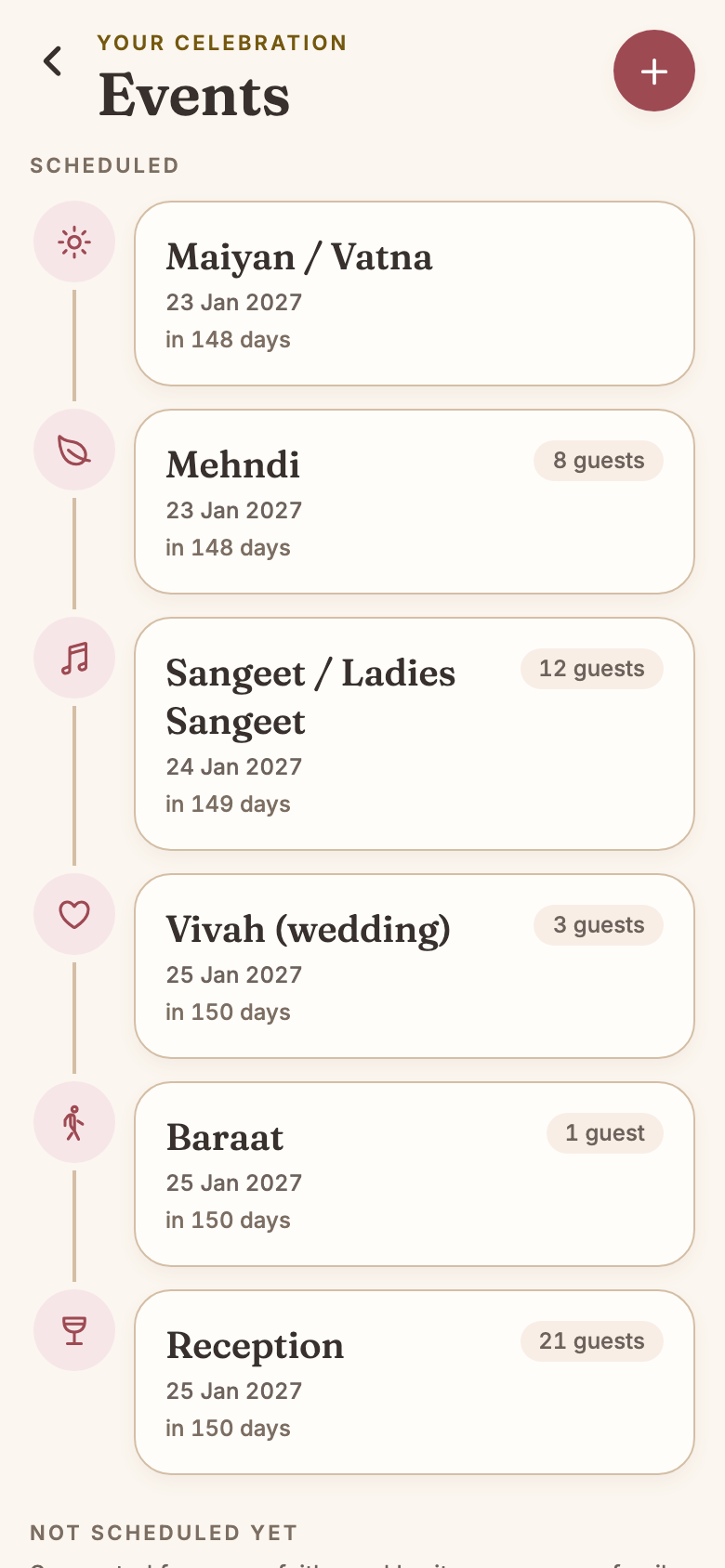 Events for Ananya and Rohan: Maiyan / Vatna and Mehndi with 8 guests on 23 Jan 2027, Sangeet / Ladies Sangeet with 12 guests on 24 Jan, then Vivah (wedding) with 3, Baraat with 1 and Reception with 21 on 25 Jan 2027.